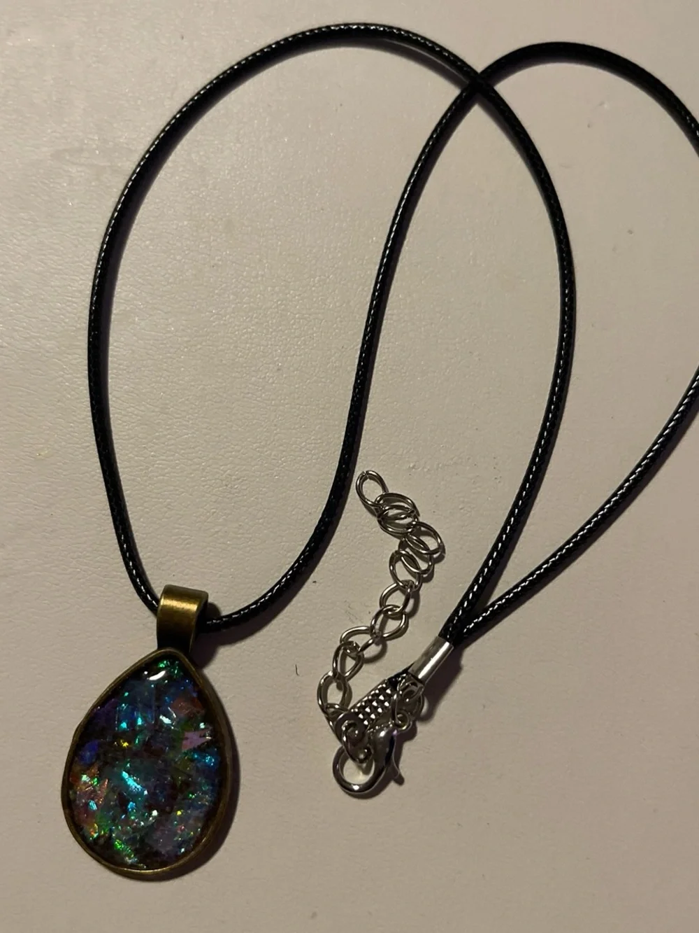 Iridescent Teardrop Pendant Necklace - Blue-Green Sparkle